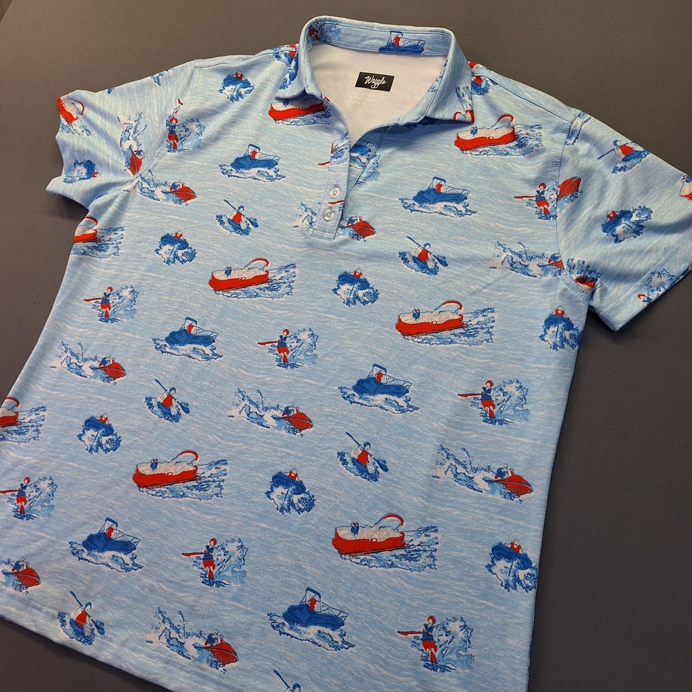Waggle Golf Polo Mens 2XL Blue Water Sports Jet Ski Boat Print Performance Shirt